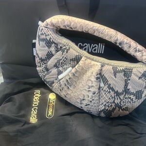 Roberto Cavalli Beige and Black Snake Pattern Hobo Bag